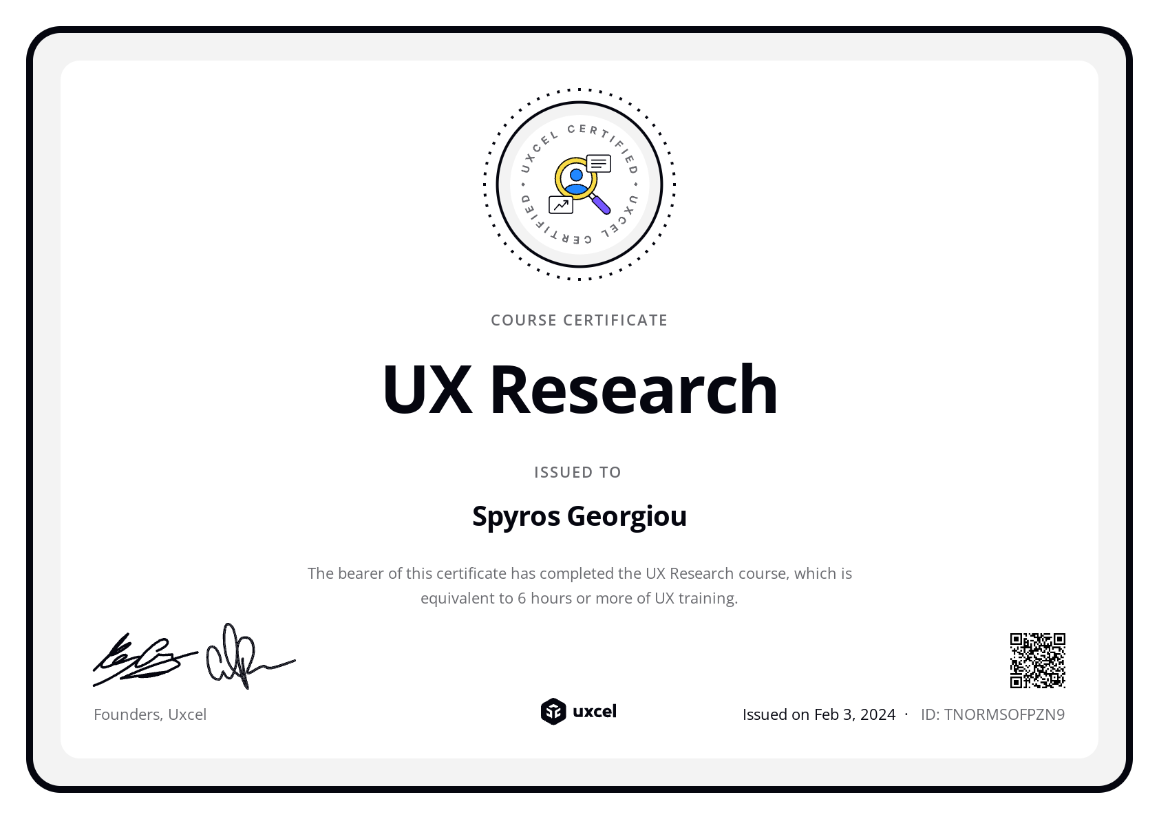 Spyros Georgiou's certificate